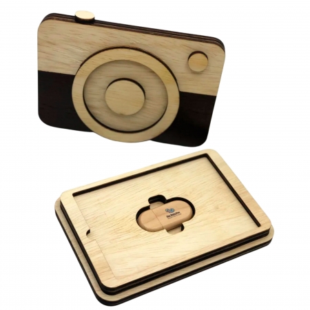 Kit Case Wood Camera para foto 10x15 + Pen Drive Madeira Oval