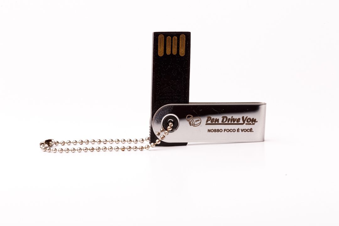 Mini Pen Drive 32GB Slim Giratório Prata Escovado Personalizado com Corrente - Pen Drive You