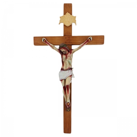 Crucifixo Tradicional 52cm Cruz Madeira Clara Imagem Resina Pintada