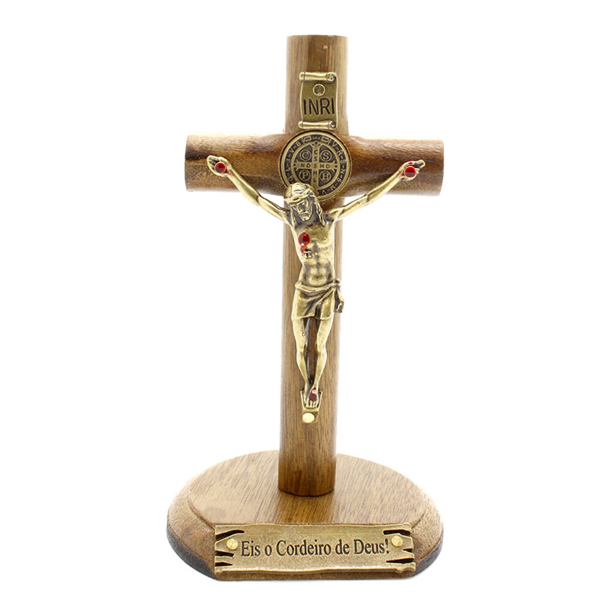 Crucifixo Madeira Cilíndrica Mesa 12cm com Medalha de São Bento