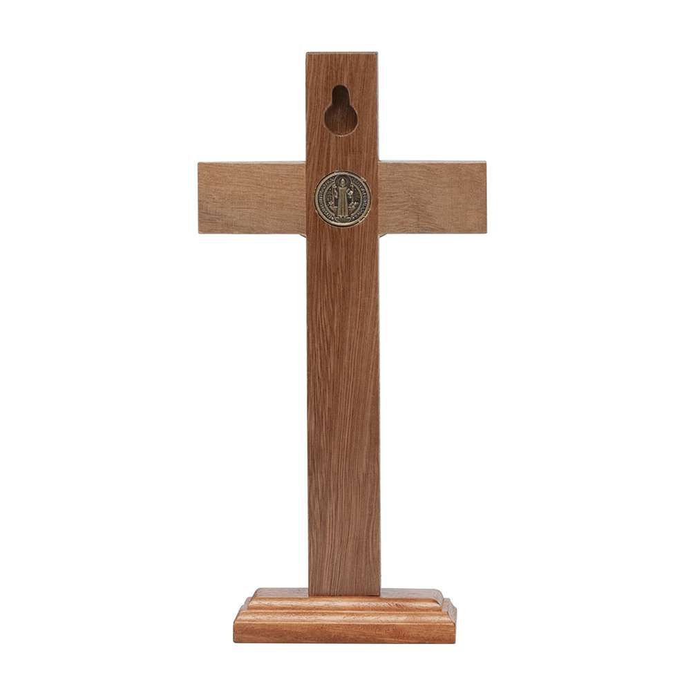 Crucifixo Madeira Tradicional de Mesa 17cm Com São Bento OV