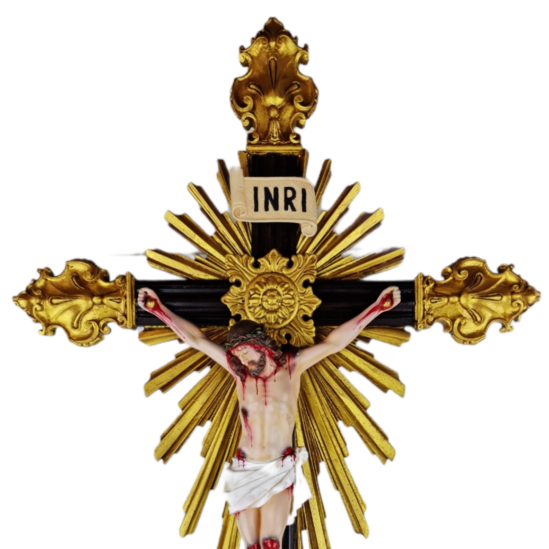 Crucifixo de Mesa Em Resina Barroco Estilo Antigo Policromado 73cm