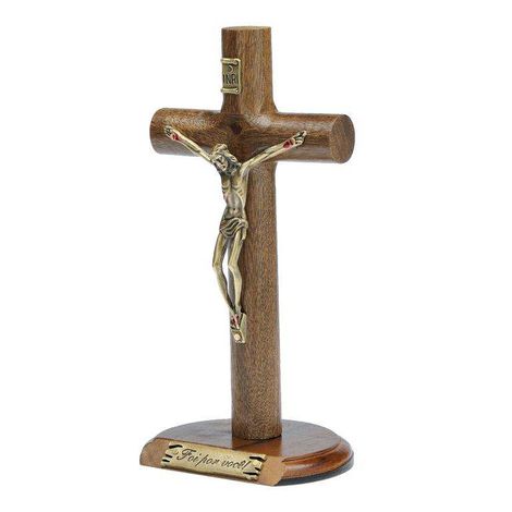 Crucifixo Madeira Cilíndrica Mesa 17cm OV