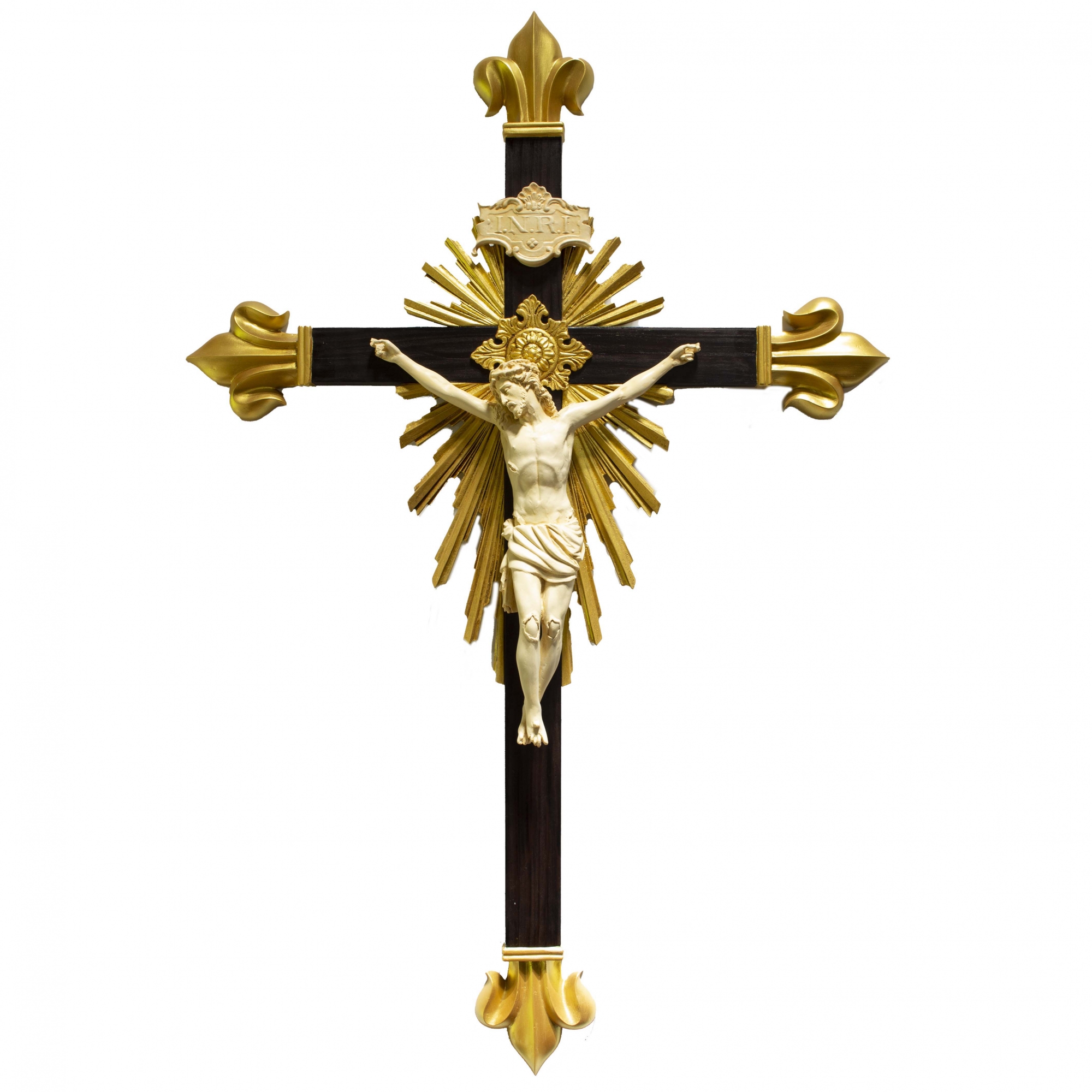 Crucifixo Madeira Imagem De Resina Cor Marfim 85cm Flor de Lis
