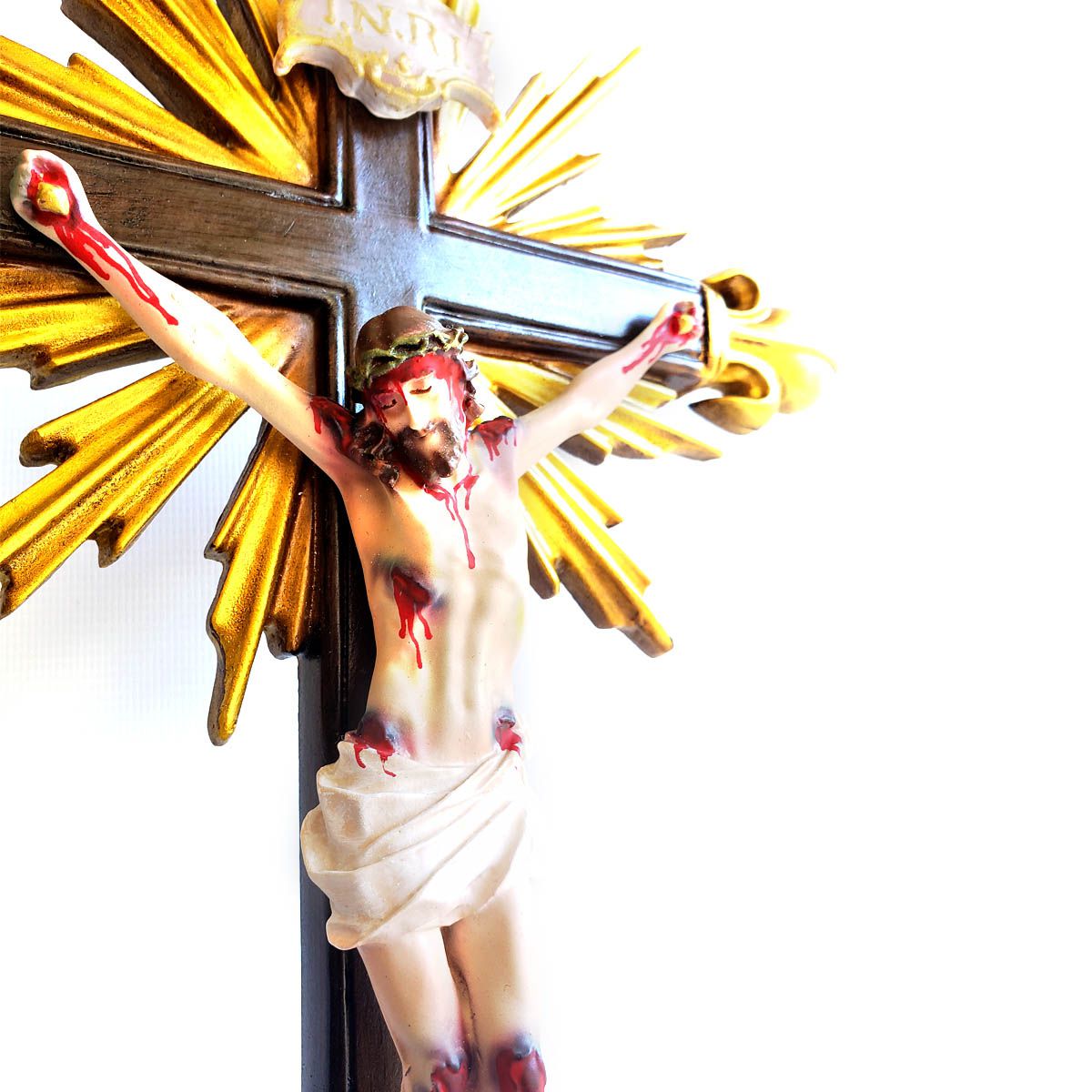 Crucifixo Pedestal de Mesa Resplendor C/ pontas Flor de Lis 45cm