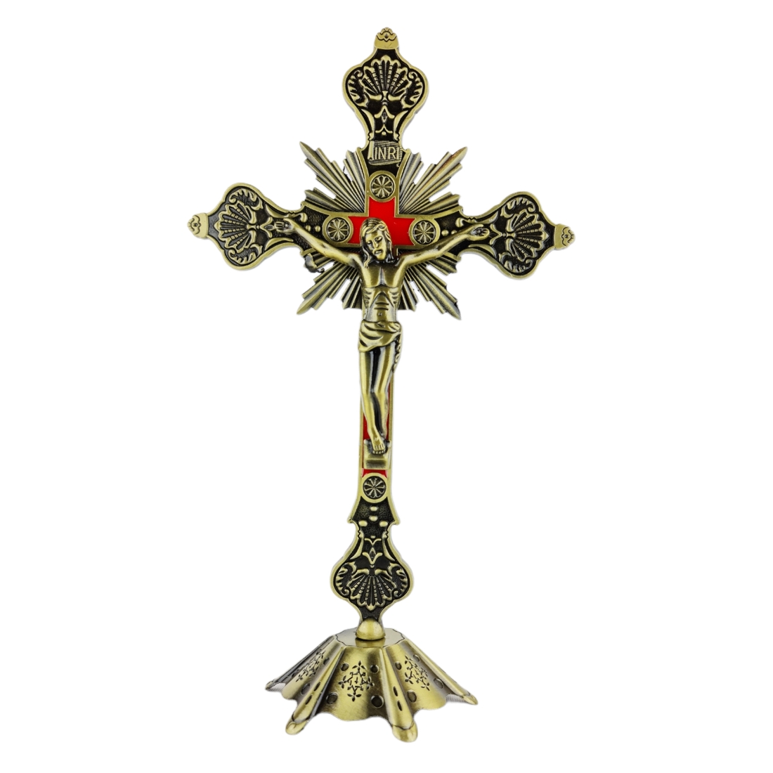 Crucifixo Pedestal Metal Detalhe em Vermelho 33CM PV