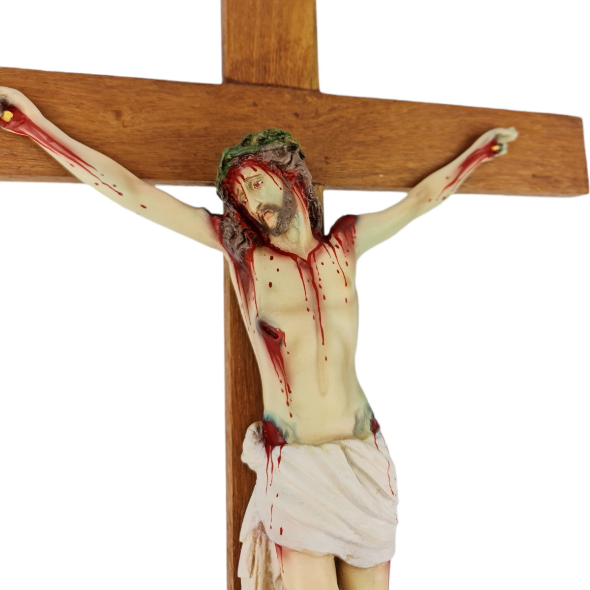 Crucifixo Tradicional de Madeira Clara C/ Imagem em Resina 60cm Policromado