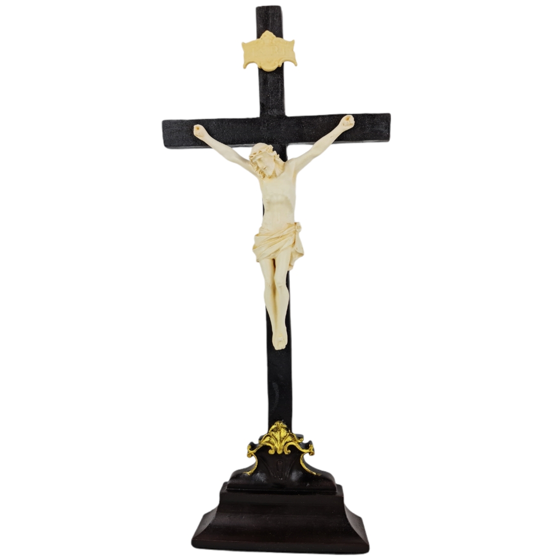 Crucifixo Tradicional Pedestal de Mesa 37cm Cristo Cor Marfim