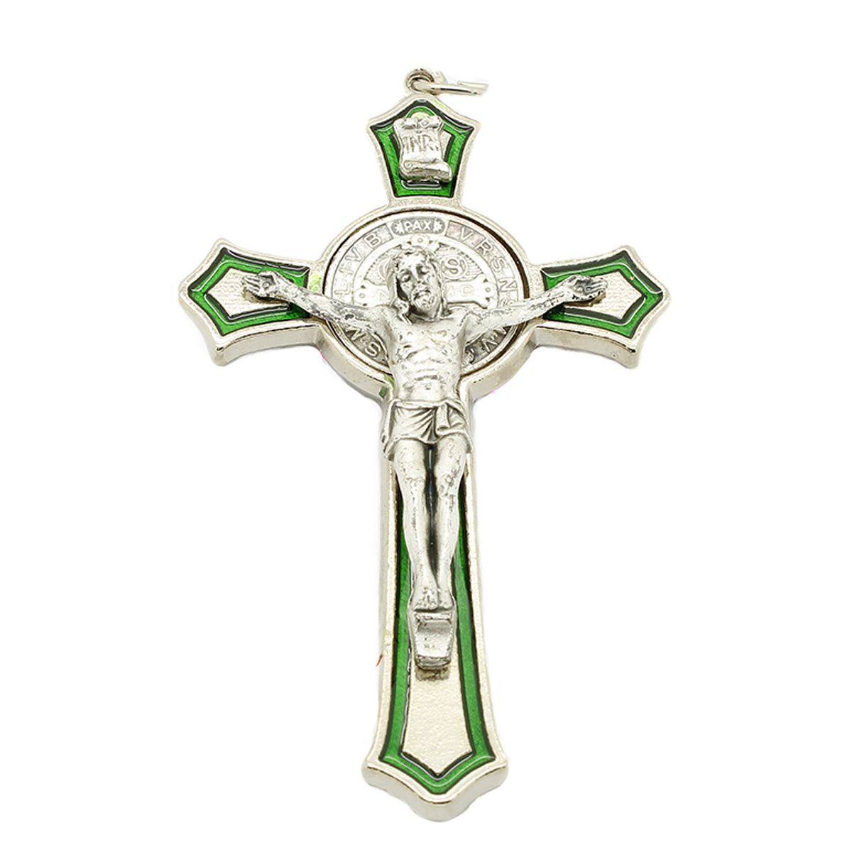 Crucifixo medalha de São Bento - Detalhes Prateado e Esmalte Verde 8cm