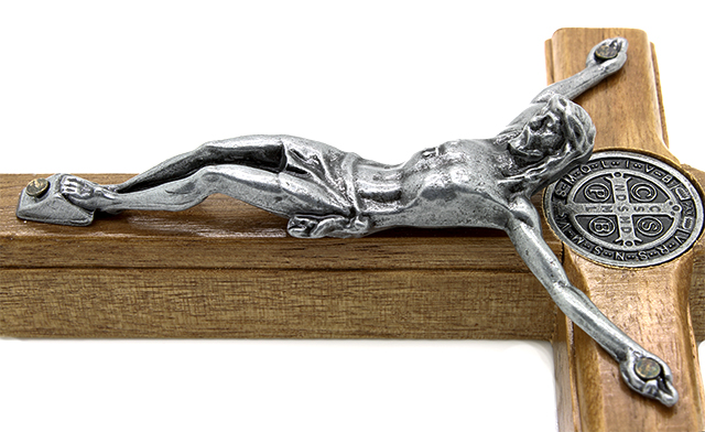 Mini Crucifixo Madeira para Parede Metal Onix São Bento 12cm