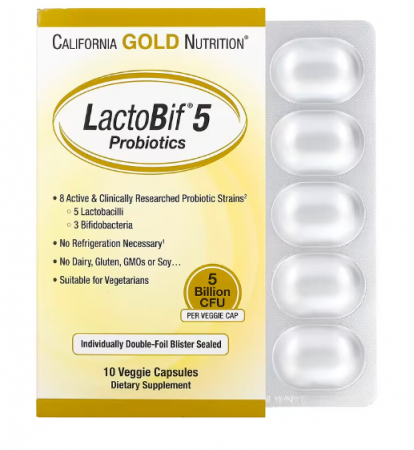 California Gold Nutrition, Probióticos LactoBif, 5 Bilhões de UFCs, 10 Cápsulas Vegetais