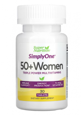 Super Nutrition, SimplyOne, Multivitamínico de Potência Tripla para Mulheres Acima de 50 Anos, Sem Ferro, 30 Comprimidos