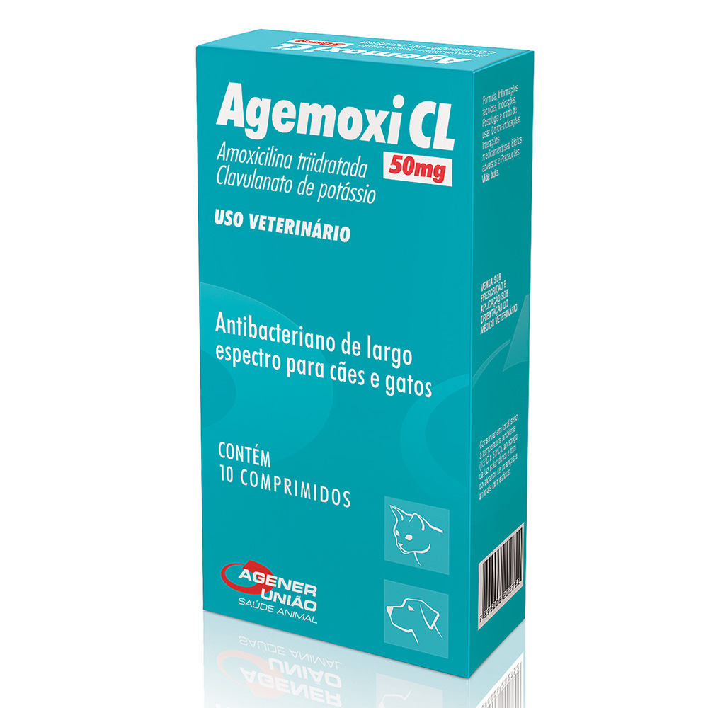 Agemoxi CL 50mg - Antibacteriano Cães e Gatos à base Amoxicilina Triidratada e Clavulanato de Potássio 10comp Agener