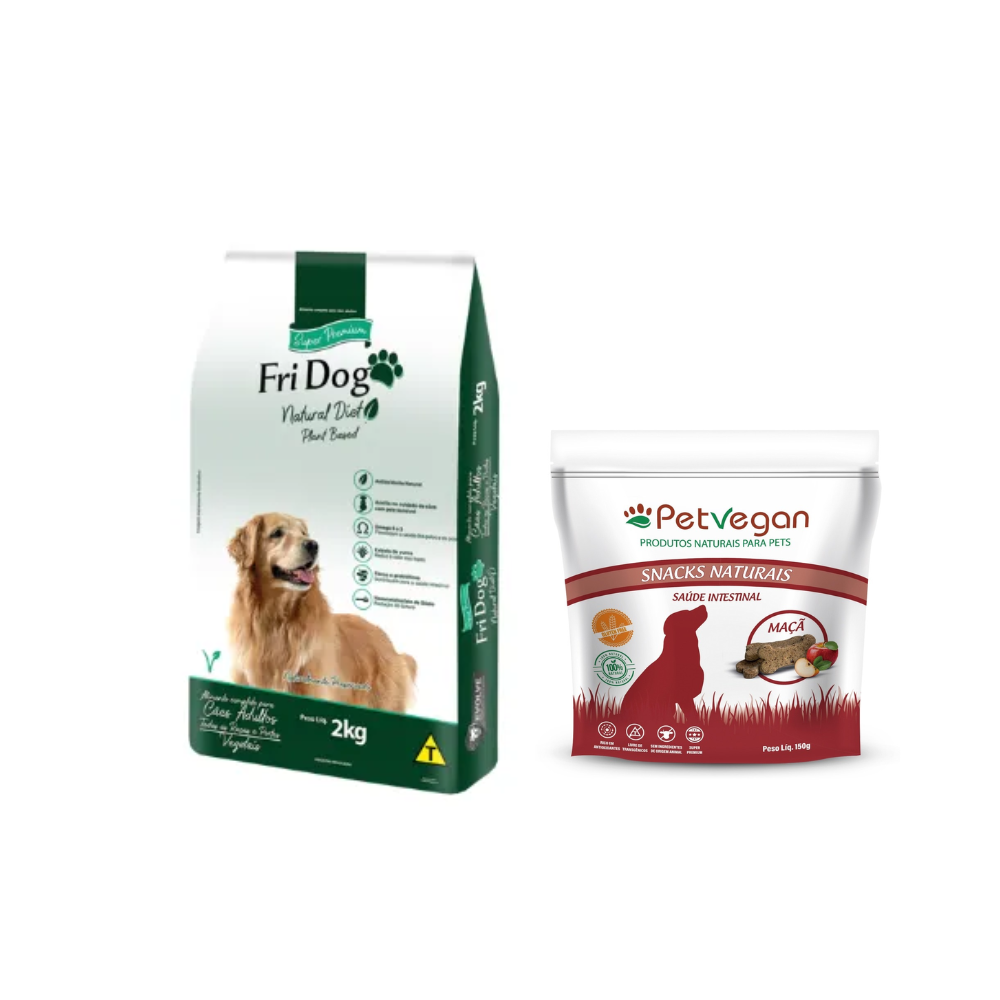 Kit Vegetariano para cães - Ração Fri Dog Vegetariana Cães Adultos (2kg) + Snacks Veganos Maçã - (150g)