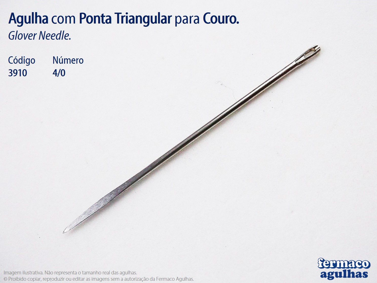 Agulha para Couro com Ponta Triangular número 4/0 (58mm x 1,30mm). Agulha Glover Needle 4/0.