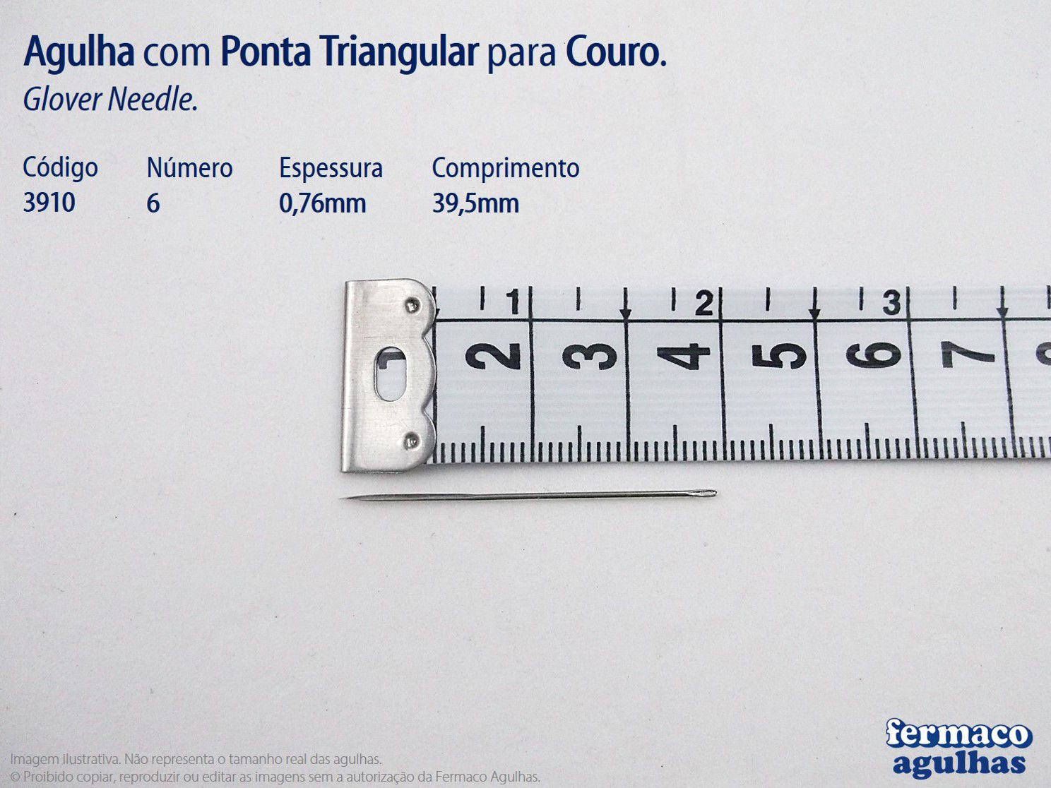 Agulha para Couro com Ponta Triangular número 6 (39,5mm x 0,76mm). Agulha Glover Needle 6.