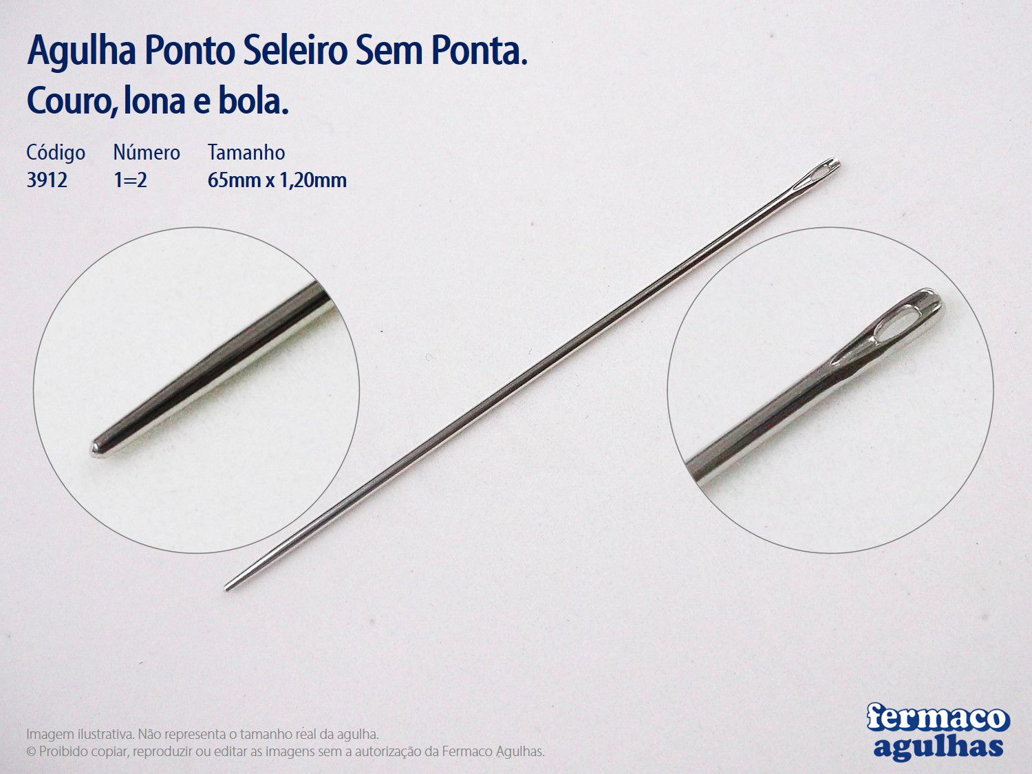 Agulha Ponto Seleiro Sem Ponta para Couro - Número 1=2 (6,5cm x 1,20mm).