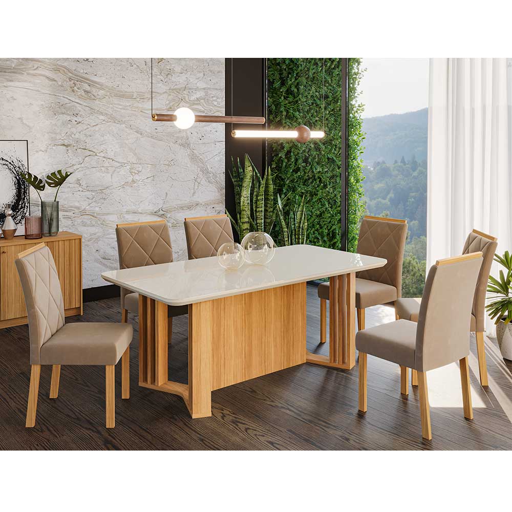 Conjunto Sala de Jantar Mesa Celine 180x90 cm e 6 Cadeiras Fernanda Cimol Nature/Off White/Madeira/Joli