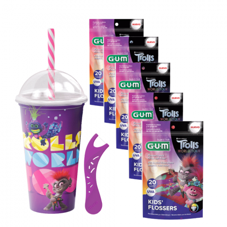 Kit Infantil Trolls Flossers | GUM® | Flosser Dental Infantil | 100 unidades + Copo