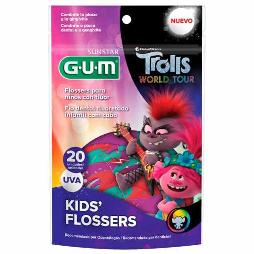 Flossers Trolls | GUM®|Fio Dental Infantil com Cabo | 20 unidades