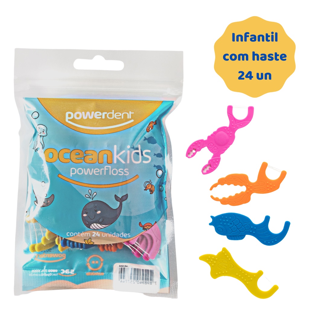 Flosser Infantil Oceankids | Fio dental c/ cabo | Powerdent | 72 unidades