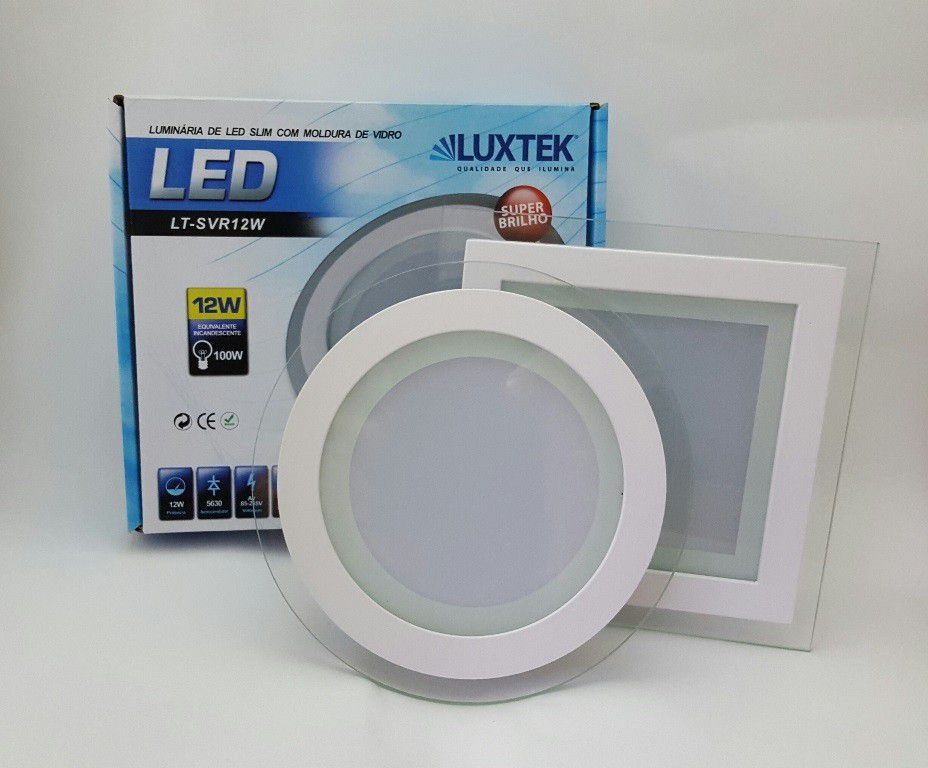 Luminária Plafon LED 12w de Vidro Embutir Branco Frio Redonda / Quadrada  - Luxtek