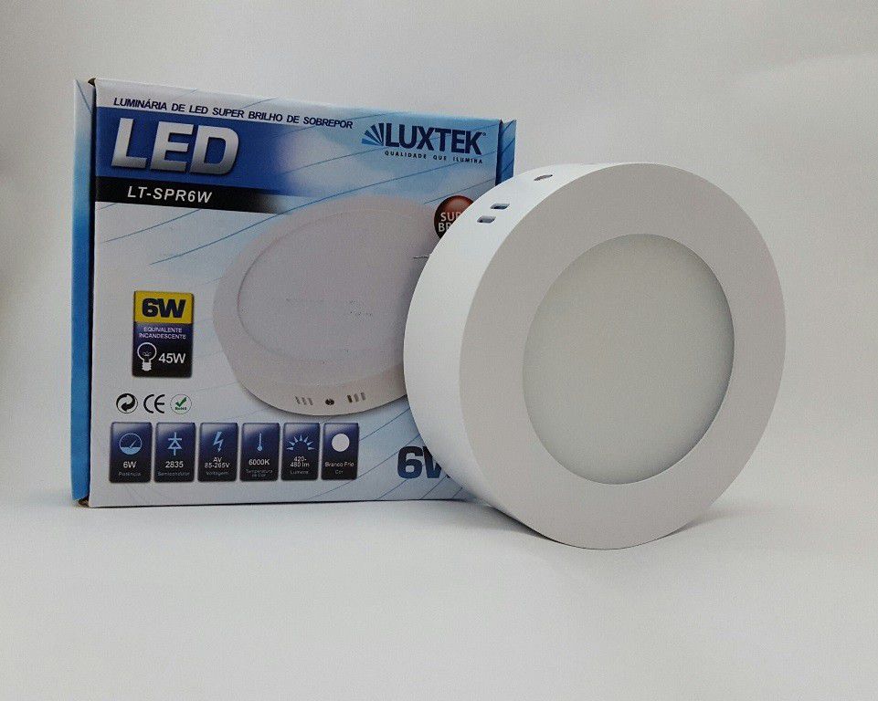Luminária Plafon LED 6w Sobrepor Branco Frio Redonda - Luxtek