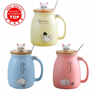Caneca criativa do gato da cor resistente ao calor dos desenhos animados com tampa 450ml copo gatinho café canecas cerâmicas crianças copo escritório drinkware presente