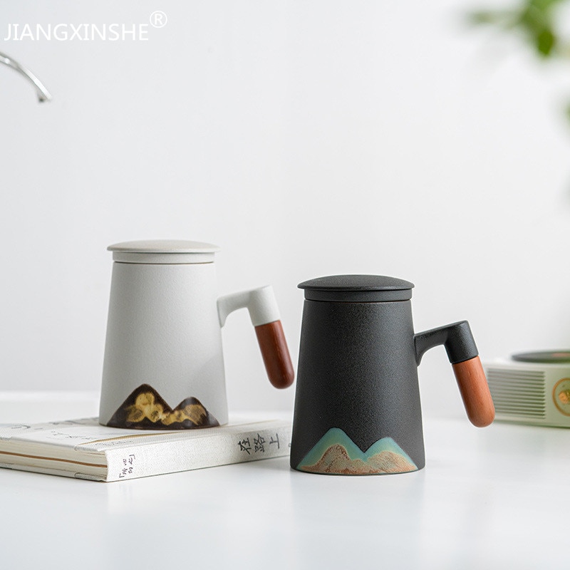 Caneca de cerâmica para o copo de café do chá do escritório copo de água filtro copo de chá com tampa copos e canecas punho de madeira