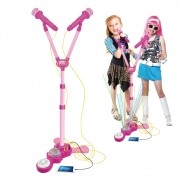 Microfone Duplo Karaoke Infantil Amplificador Com Pedestal Rosa (DMT5048)