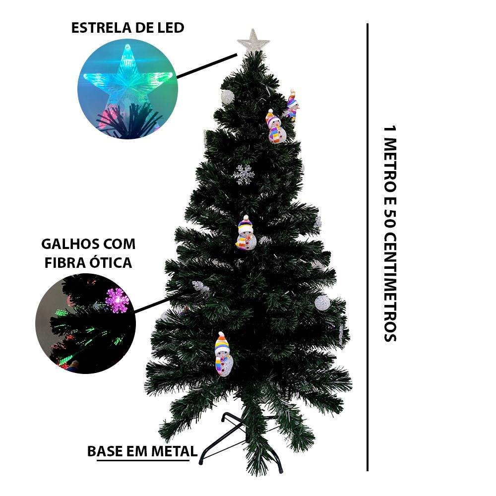 Arvore de Natal Fibra Ótica Natalino 1 metro 50cm Estrela Led Colorido Decoração