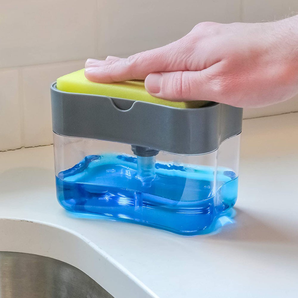 Dispenser Detergente Dosador 2 em 1 Esponja Limpeza Louça Limpa Cozinha Sabao Casa