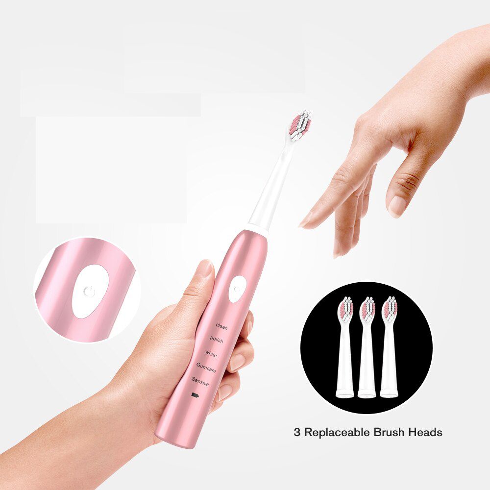 Escova de Dente Eletrica Recarregavel USB Refil Higiene Bucal Dental Rosa
