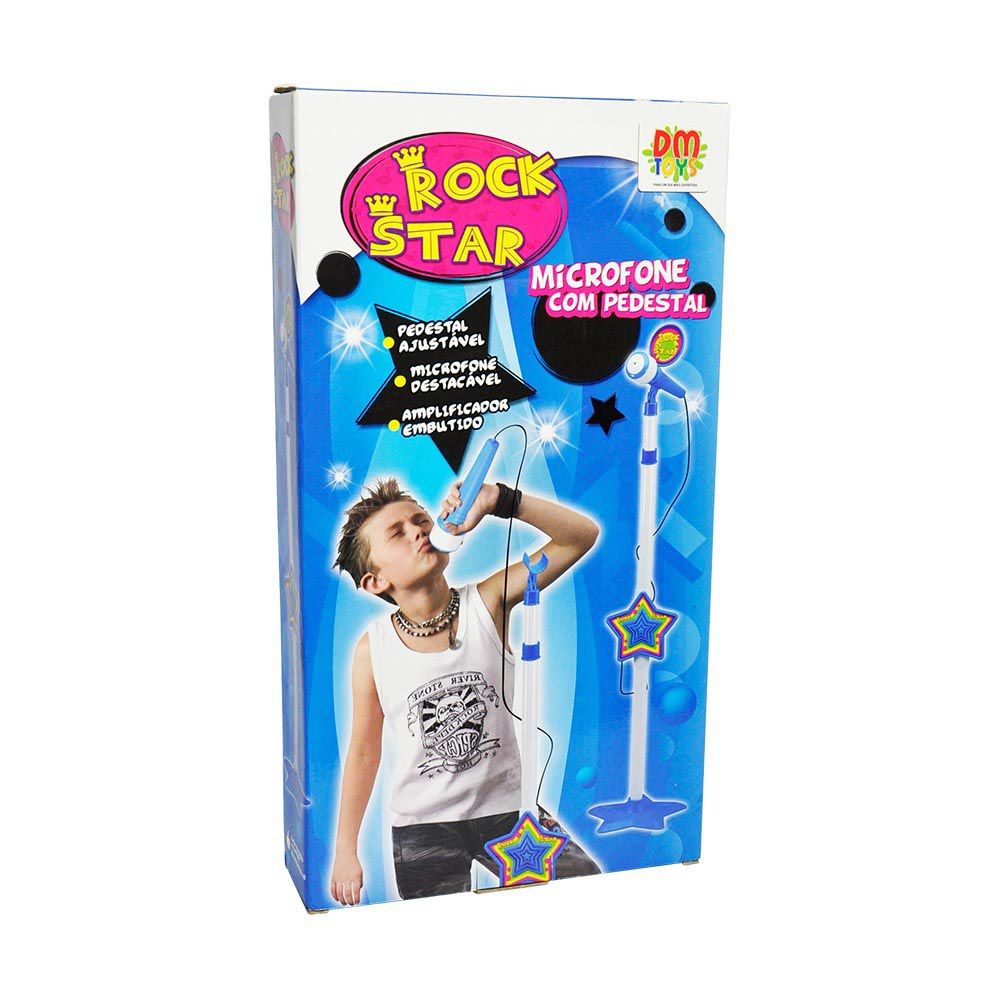 Microfone Infantil Azul Led Rock Star MP3 Som Luz Musica Karaoke Brinquedo (DMT3837)