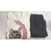 Pijama Feminino Adulto Lua Encantada Manga Longa Gata com Calça Cinza   555 em 100% algodão