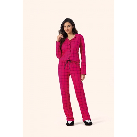 Pijama Feminino Longo Aberto Lua Encantada Xadrez Pink em Algodão 10220023
