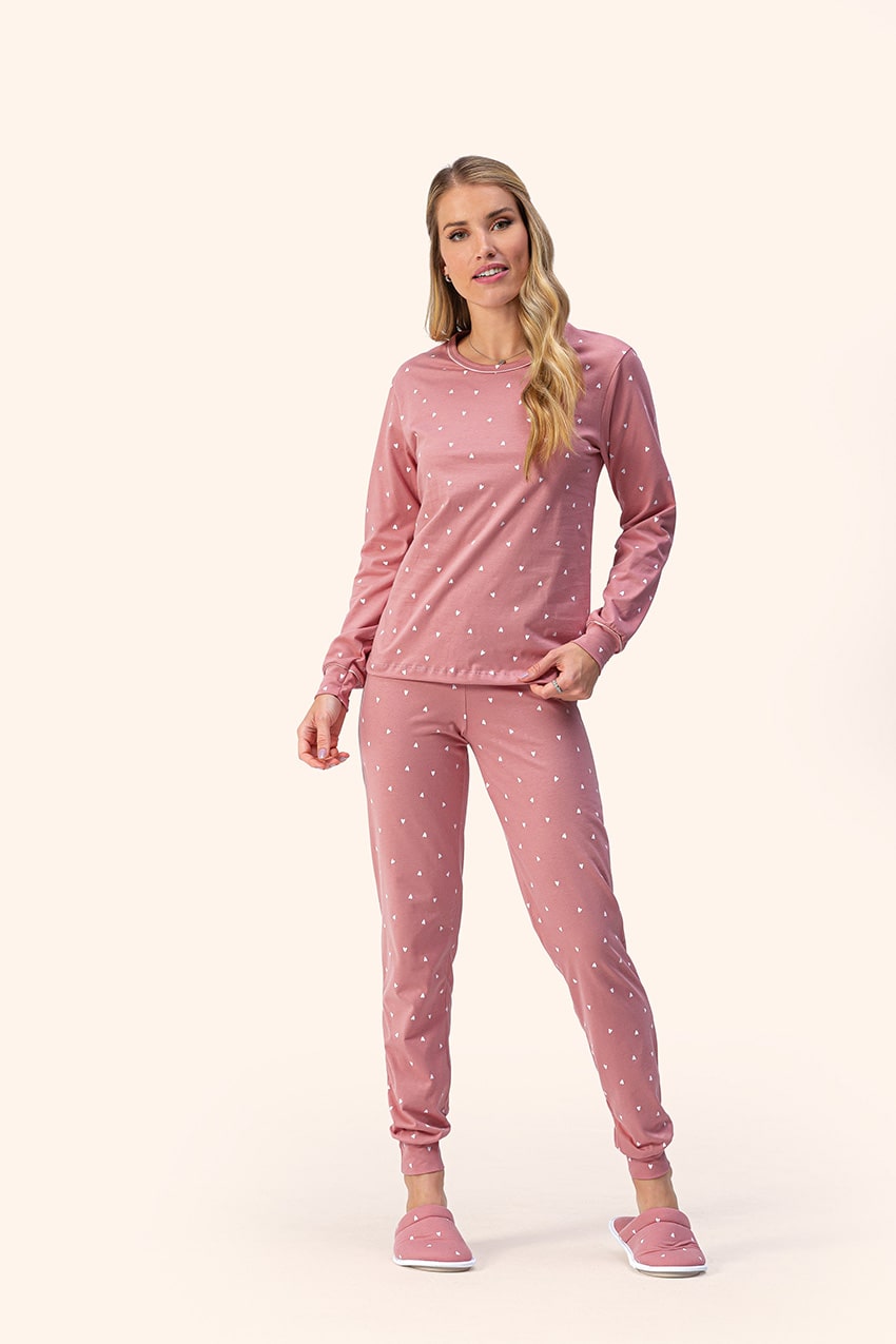 Pijama Feminino Adulto Lua Encantada Estampa de Corações Rose Moletom Flanelado com Punhos 14100015