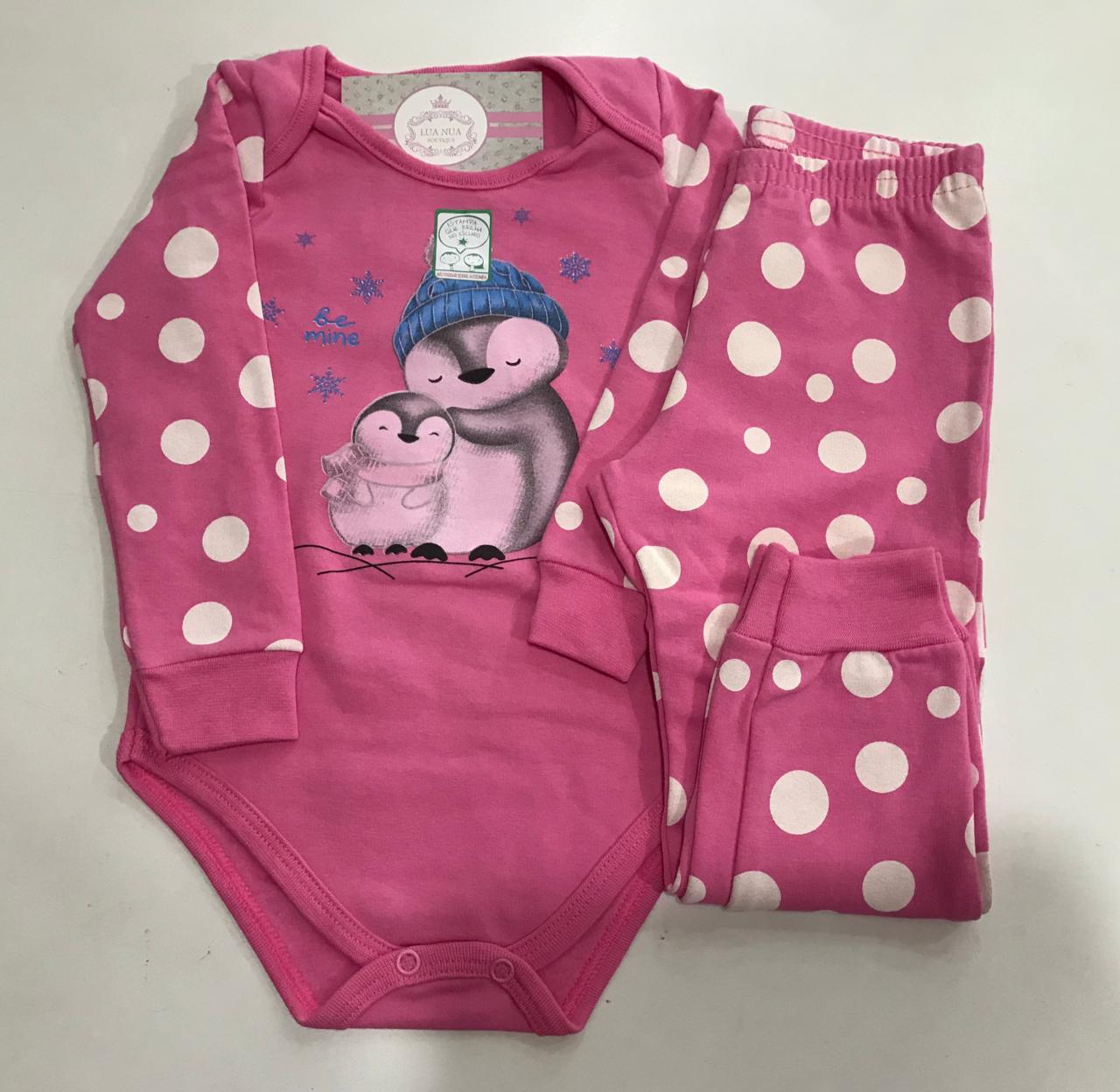 Pijama Feminino Infantil bebe Rolu Body com Calça Flanelado Quente Estampa Pinguim Rosa que brilha no escuro 91932
