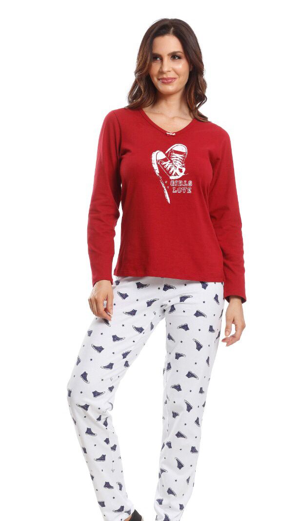 Pijama Feminino Paulienne Manga Longa com Calça Tênis Vermelho em Algodão 32367