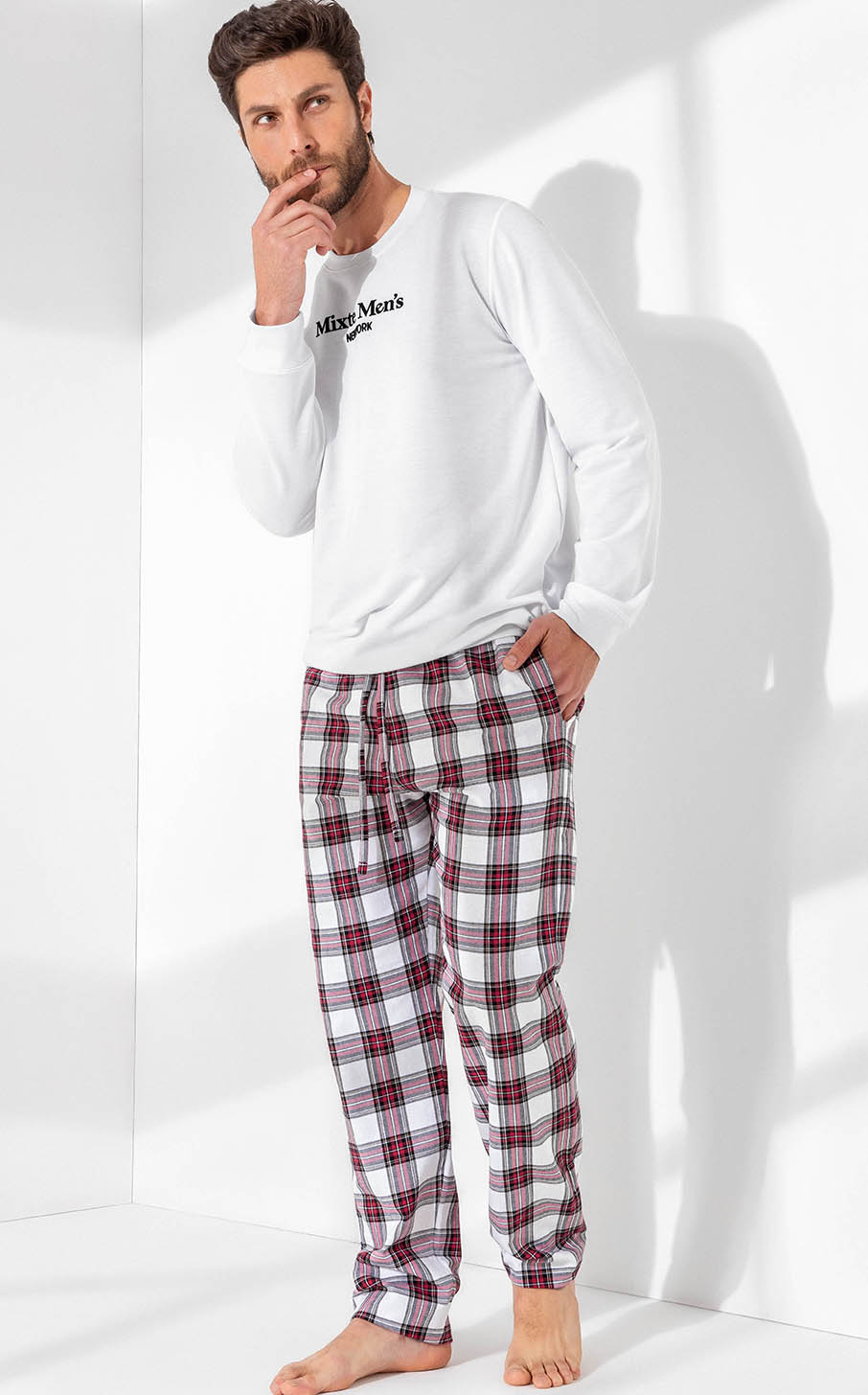 Pijama Masculino Adulto Mixte Blusa com Calça em Flanela Branco Premium 1014