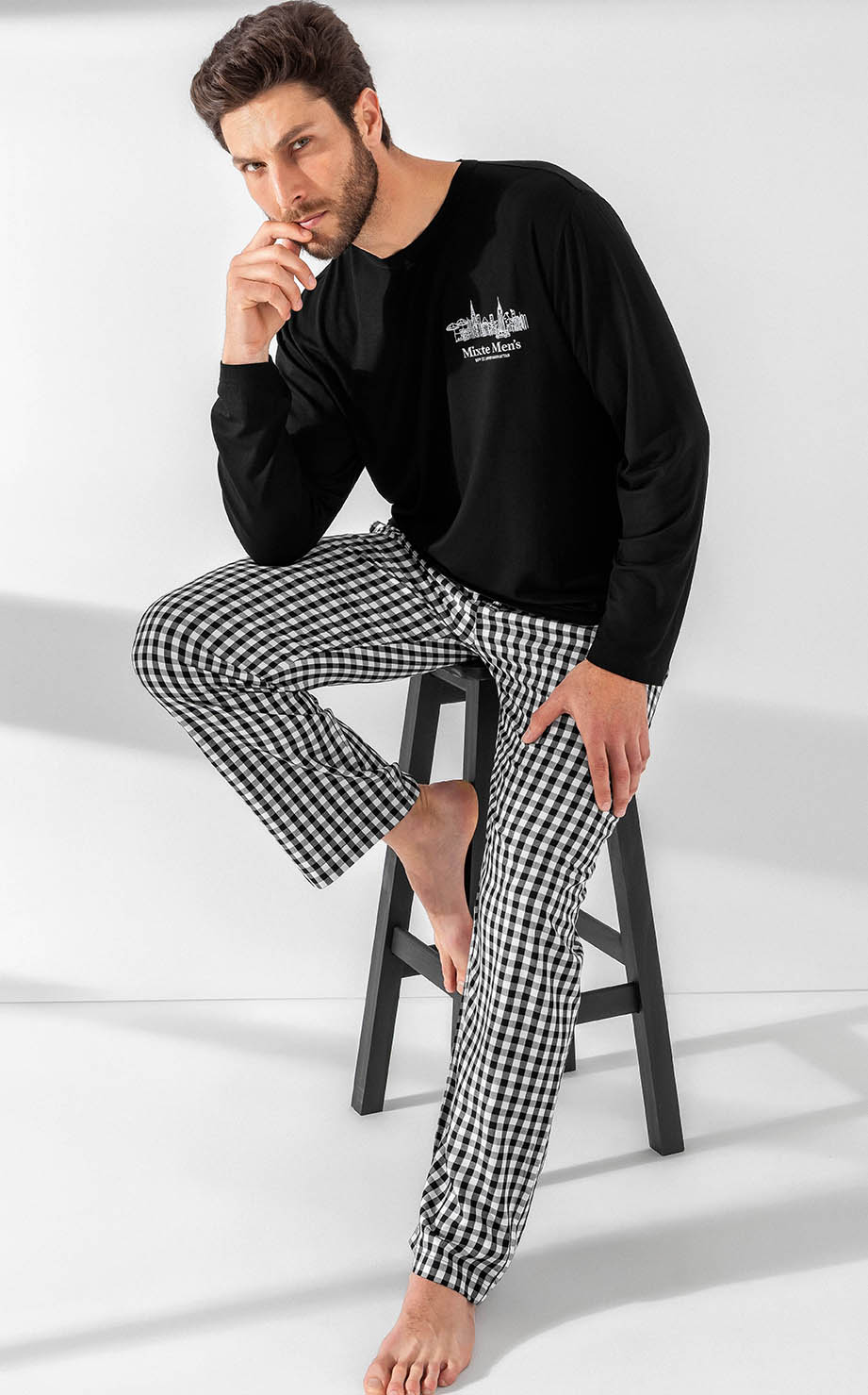 Pijama Masculino Adulto Mixte Blusa com Calça Xadrez Preto e Branco Modal com Viscose Premium 1024