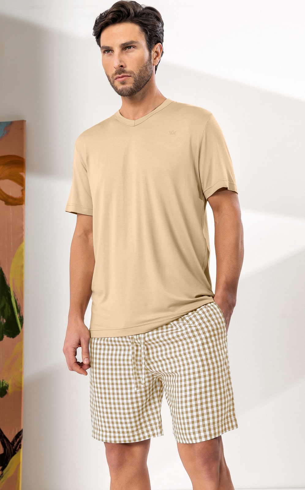 Pijama Masculino Mixte Blusa com Bermuda Xadrez Nude 1200