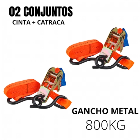 KIT 02 CINTA PARA AMARRAÇÃO COM CATRACA GANCHO "MOTO" 800KG - FECHADA