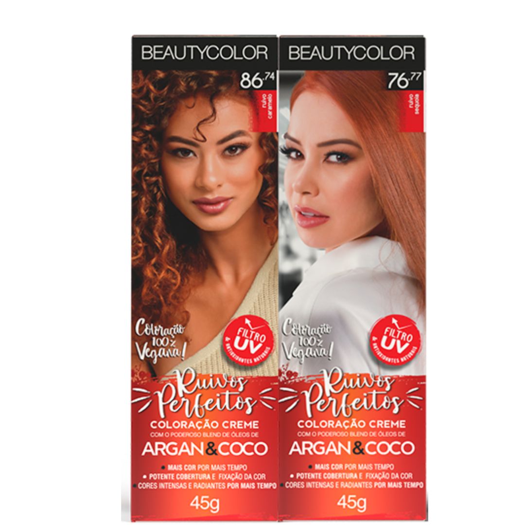 Kit Beauty Color Coloração 86.74 Ruivo Caramelo e 76.77 Ruivo Sequoia 45g