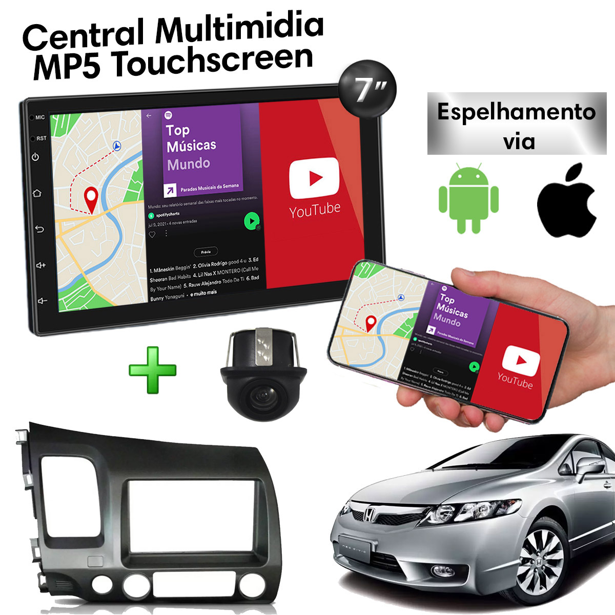Central Multimídia com Moldura Honda Civic Mp5 Bluetooth Usb Touchscreen 7 Polegadas 2 Din 2007 a 2011 Poliparts