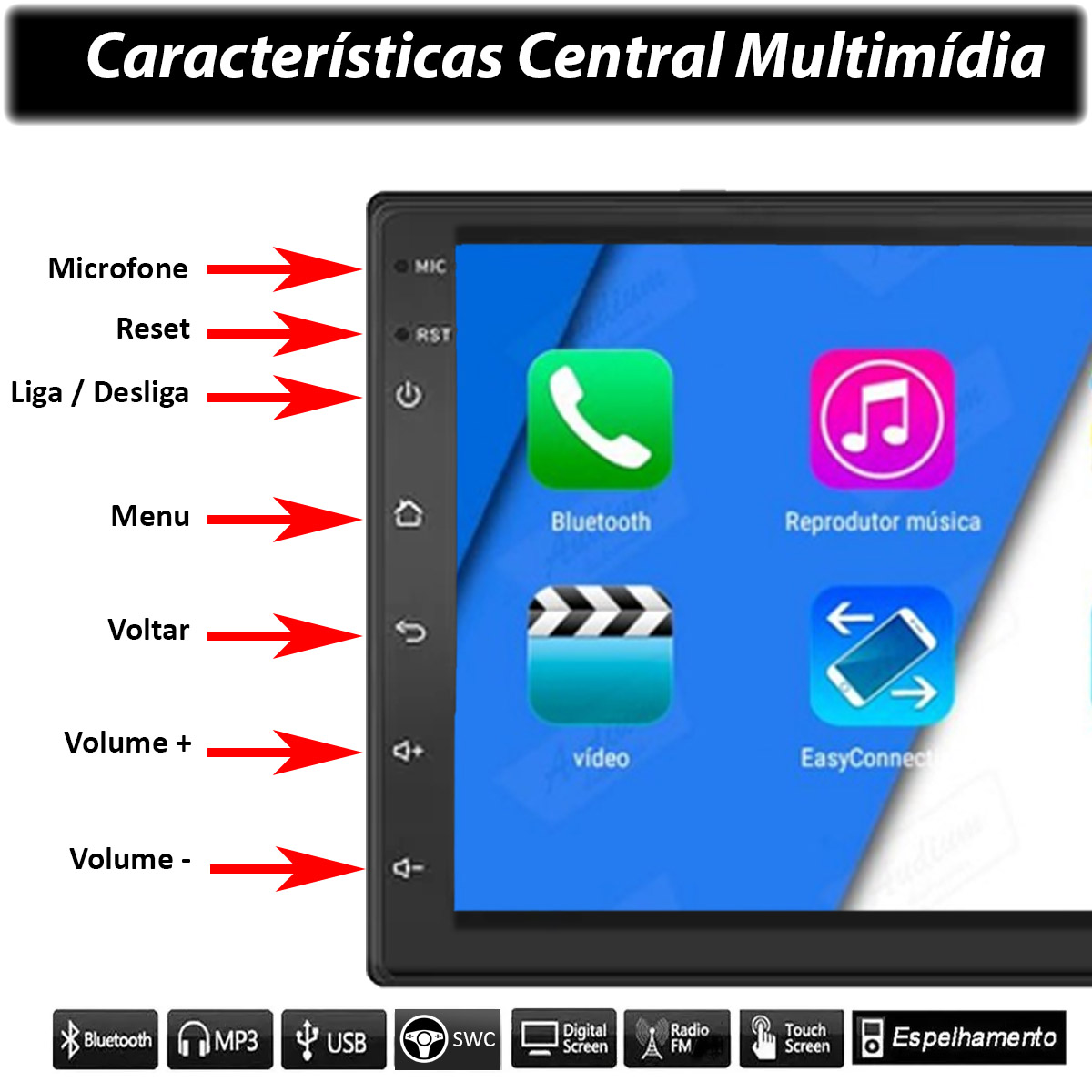 Central Multimidia com Moldura Troller T4 Mp5 Bluetooth Usb Touchscreen 7 Polegadas 2 Din Atacado