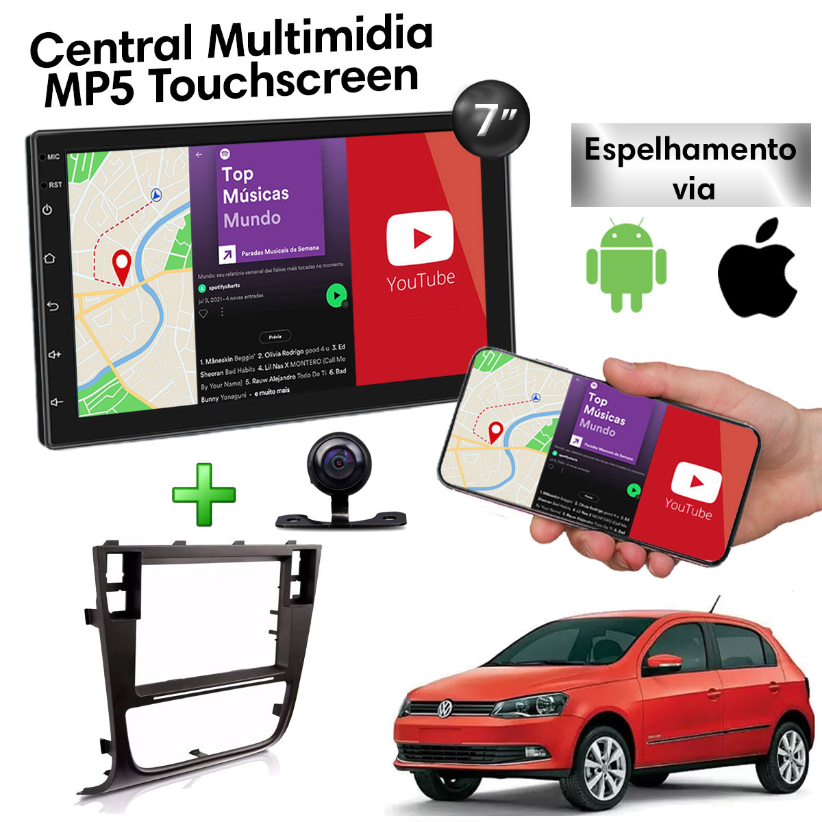 Central Multimidia com Moldura Volkswagen Gol G6 Mp5 Bluetooth Usb Touchscreen 7 Polegadas 2 Din Poliparts