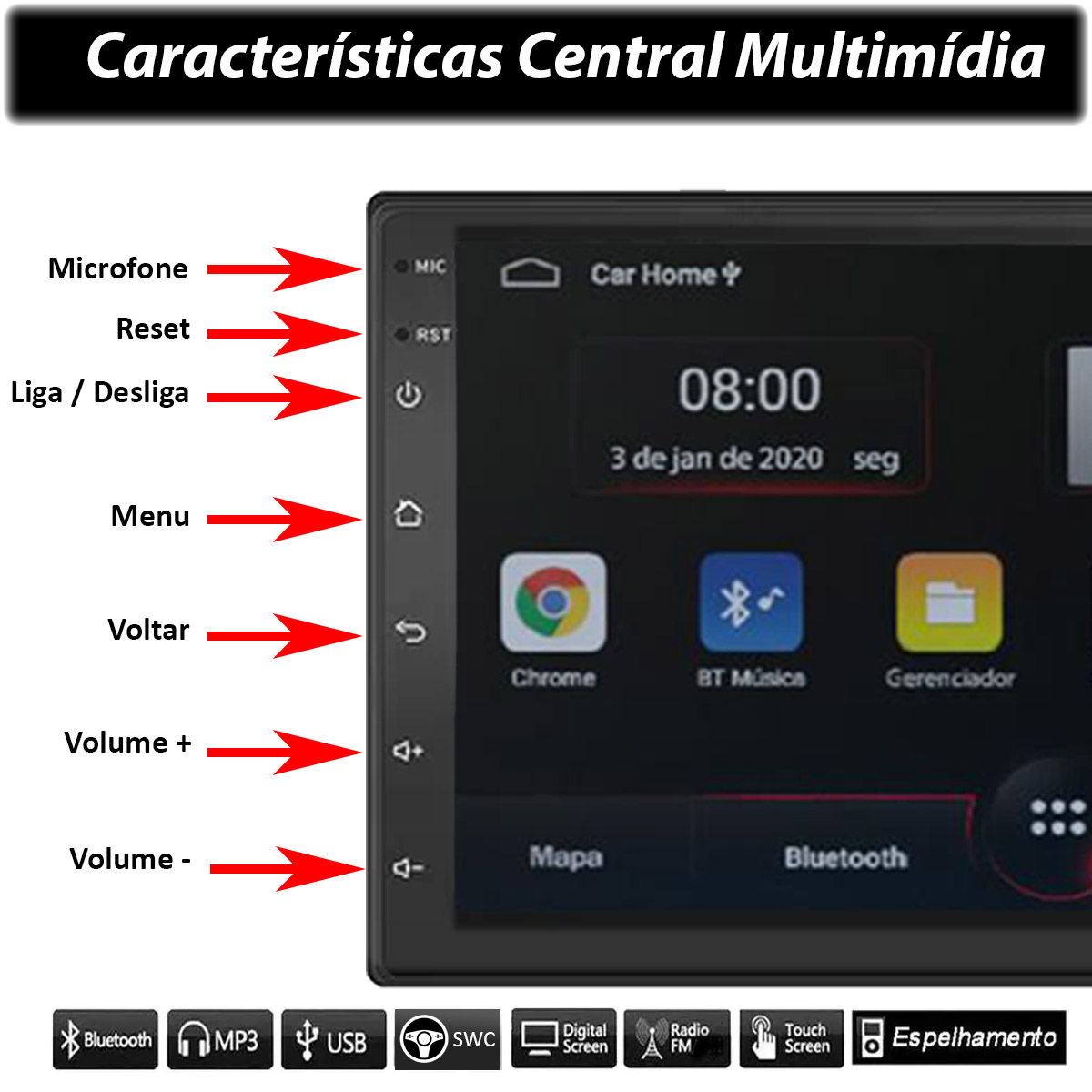 Central Multimídia Fiat Toro Muzik Android com Câmera 7 Polegadas 2 Din Moldura Black Piano Poliparts