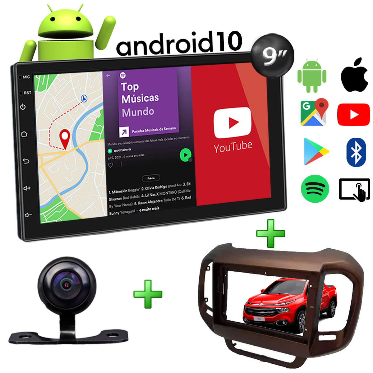 Central Multimídia Fiat Toro Muzik Android com Câmera 9 Polegadas 2 Din Moldura Marrom Ranch Atacado Poliparts