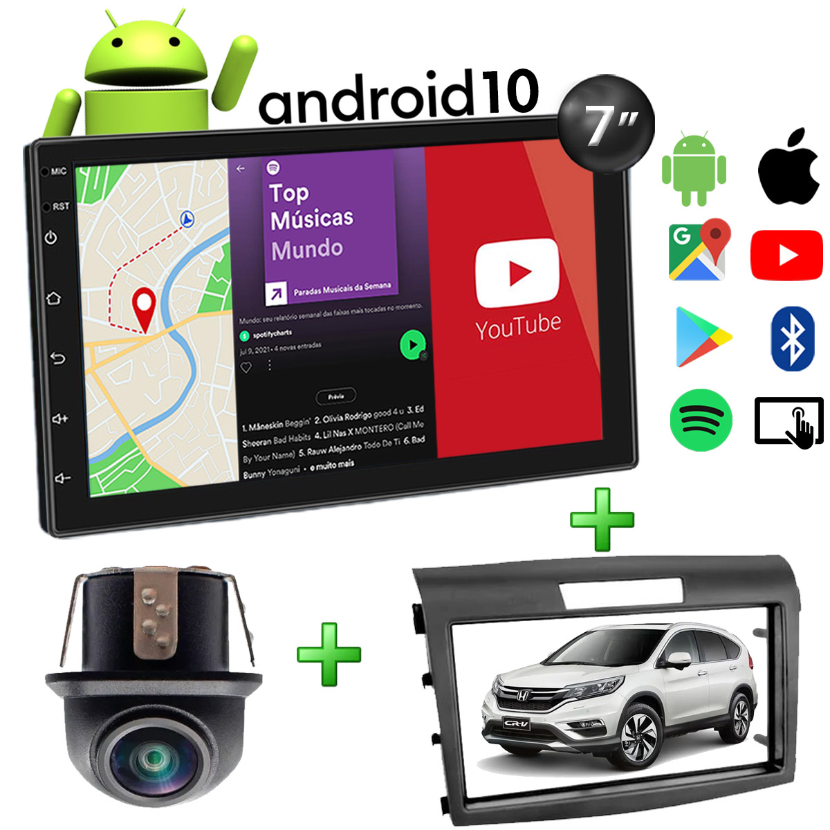 Central Multimídia Honda CRV Muzik Android com Câmera de Ré 7 Polegadas 2 Din 2012 a 2016 Moldura Preta Poliparts